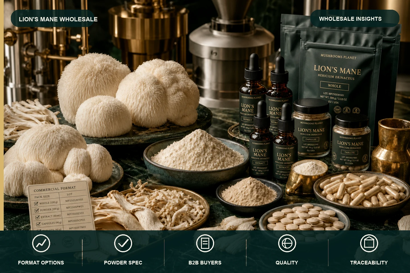 Lion's Mane بالكامل، مسحوق، مستخلص وأشكال نهائية
